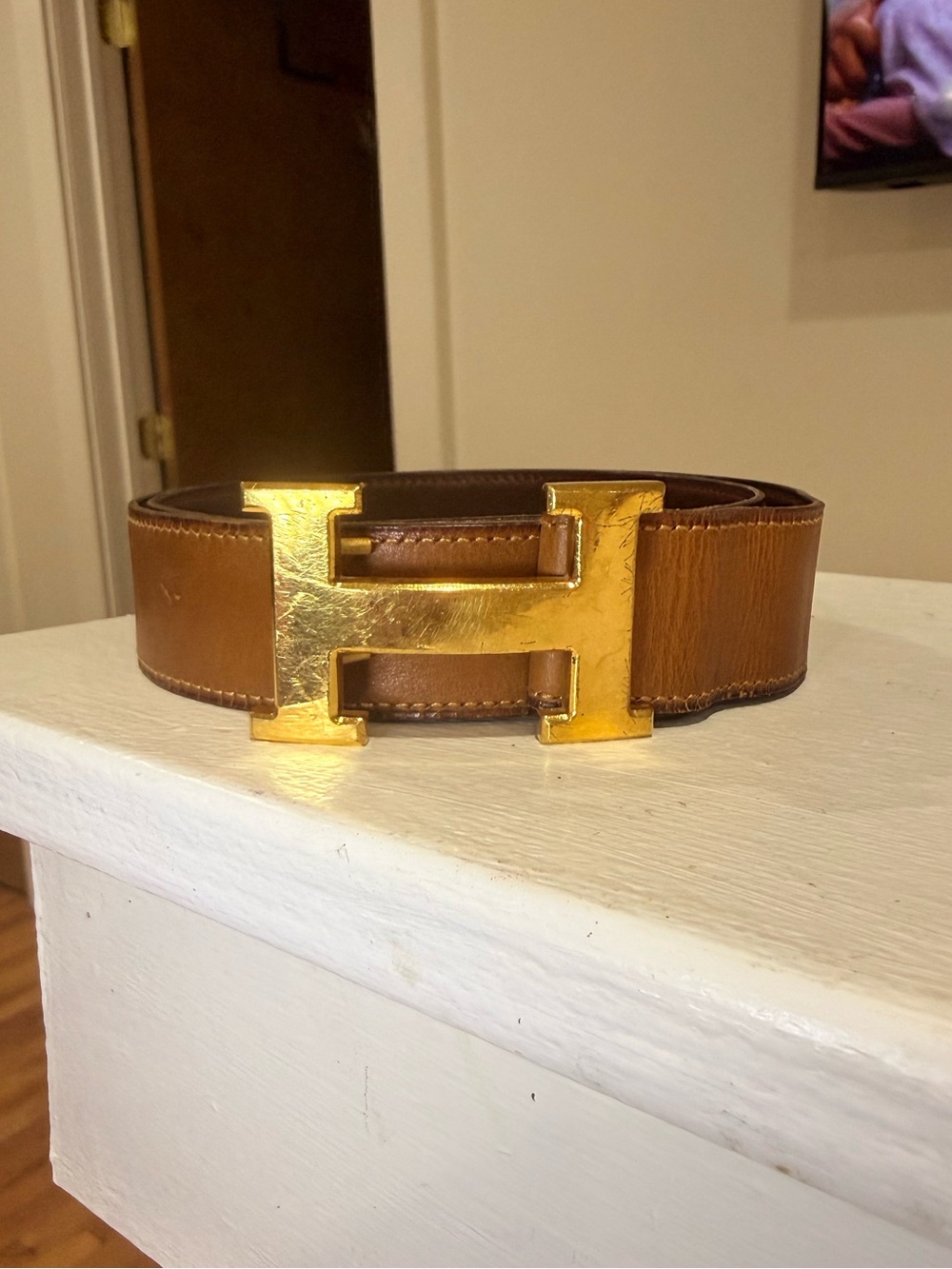Hermes Women Belt with Gold H Buckle - Brown and Light Brown. Reversible